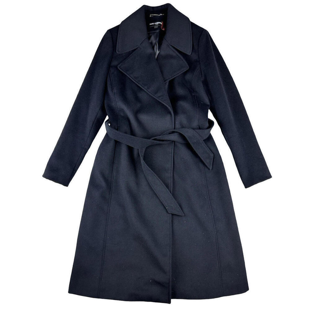 Karl Lagerfeld Wool Blend Belted Overcoat Navy Size M